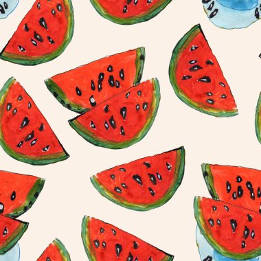 El çizimi suluboya resim, pürüzsüz desen. Bej arkaplanda kırmızı karpuz dilimleri