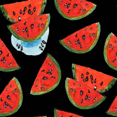 El çizimi suluboya resim, pürüzsüz desen. Siyah arka planda kırmızı karpuz dilimleri