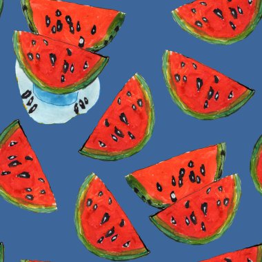 El çizimi suluboya resim, pürüzsüz desen. Koyu mavi arkaplanda kırmızı karpuz dilimleri