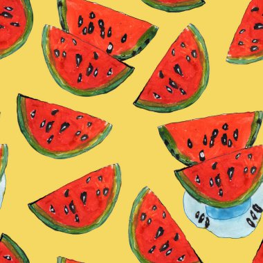 El çizimi suluboya resim, pürüzsüz desen. Sarı arka planda kırmızı karpuz dilimleri