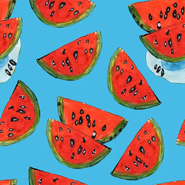 El çizimi suluboya resim, pürüzsüz desen. Lacivert arka planda kırmızı karpuz dilimleri