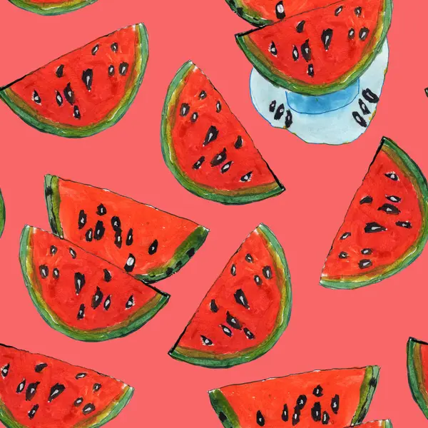 El çizimi suluboya resim, pürüzsüz desen. Kırmızı arkaplanda kırmızı karpuz dilimleri