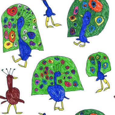 Keçeli kalemin çizdiği kusursuz el deseni beyaz arka planda izole edilmiş tavus kuşu kalemleri.