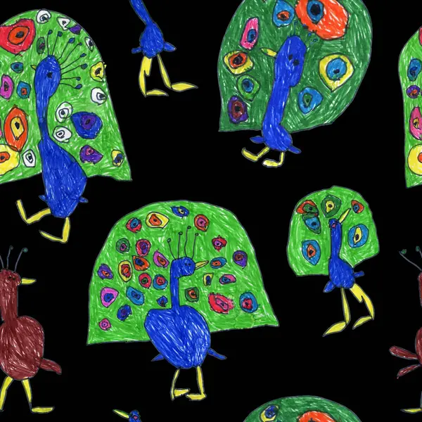 Keçeli kalemin çizdiği kusursuz el deseni siyah arka planda izole edilmiş tavus kuşu kalemleri.