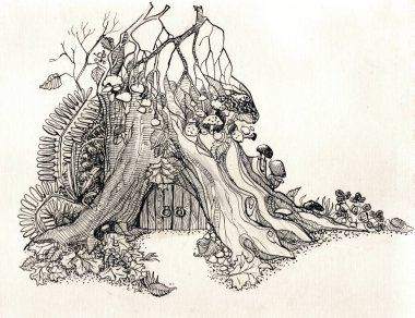 Ahşap giriş kapısı olan eski bir koçandaki fantezi ağaç evi. Eski suluboya kağıda elle çizilmiş kalem çizimi