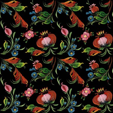 El çizimi resim, pembe gül ve şakayık çiçekleri, menekşe ve yapraklar. Siyah bir arkaplanda çiçek deseni 