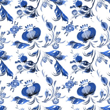 El çizimi resim, gül ve şakayık çiçekleri, menekşe çiçeği, yapraklar. Beyaz bir arka planda çiçek mavisi bir desen. 