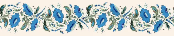 stock image Floral seamless border pattern from fantasy blue flowers and green leaves on a beige background. Petrykivka traditional painting