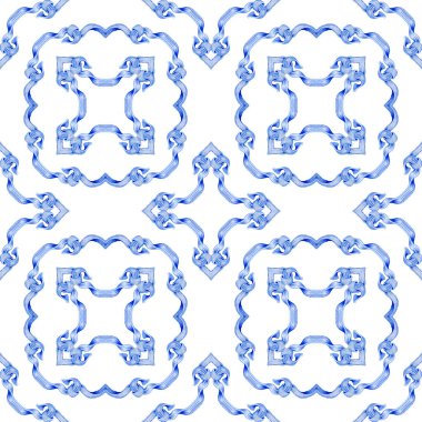 Beyaz arka planda kusursuz bir damask deseni var. Suluboya mavi ipek kurdeleden elle çizilmiş Barok parşömenleri 