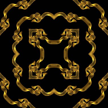 Altın Damask siyah arka planda kusursuz desen. Suluboya 'dan el çizimi Barok parşömenleri Altın kurdele 