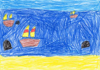 Dalgalarda yüzen kumlu sahil, yat ve yelkenli ile renkli kalemler çizilmiş marina manzarası.