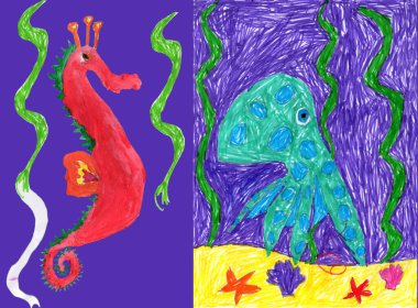 Mor arka planda el yapımı denizatı, ahtapot, balık, kabuk, deniz yıldızı. 