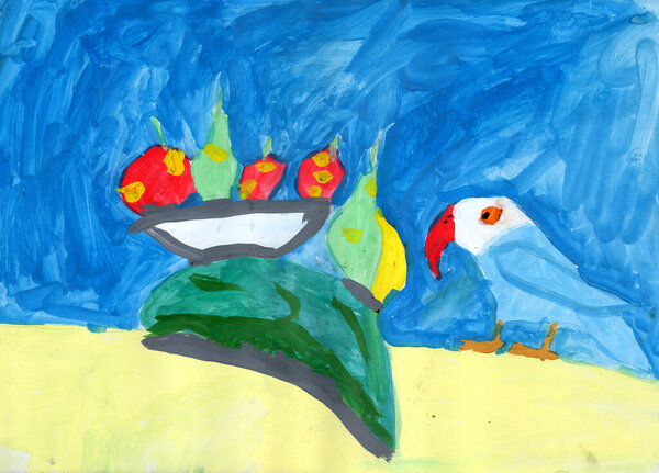 Фантазия натюрморта, голубой попугай с тропическими фруктами на жёлтом и синем фоне. Ручная живопись Гуаша