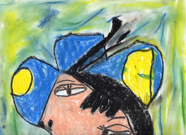 El çizimi guaj ve suluboya resim. Mavi şapkalı bir kadının portresi.