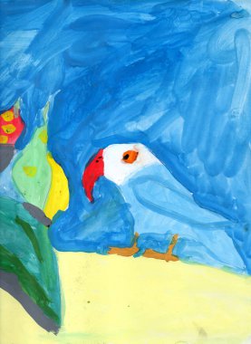 Fantezi natürmort, sarı ve mavi arka planda tropikal meyveleri olan mavi papağan kuşu. El çizimi Gouache tablosu