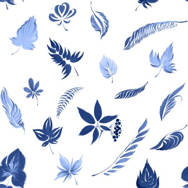 Beyaz arka planda mavi yapraklar, pürüzsüz bir desen. El çizimi guaj resmi