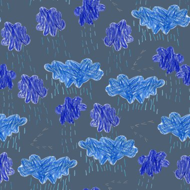 Rain storm clouds, hand drawn by colored pencils. Seamless pattern on a grey blue background clipart