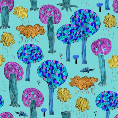 Renkli kalemlerin çizdiği sonbahar gecesi peyzajı. Turkuaz bir arkaplanda pürüzsüz desen