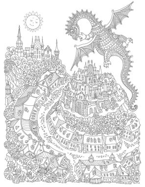El yapımı fantezi Avrupa kasabası, peri masalı ejderhası ve uçan sıcak hava balonu. Yetişkinler ve Çocuklar Boyama Kitabı sayfası 