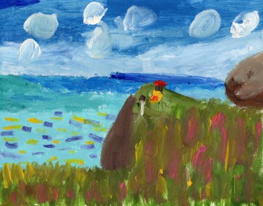 El çizimi yağlı boya. Kayalıklı deniz manzarası, bozkır otları ve mavi gökyüzünde bulutlar