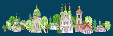 Peri masalı Hıristiyan manastırı kilise ve evlerinin sınır çizgisi. Koyu mavi arkaplanda el çizimi kalemler.