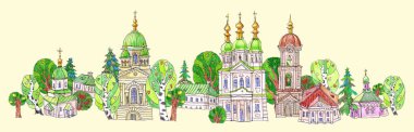 Hristiyan manastırı, kiliseler, evler ve ağaçların sınır çizgisi. Bej bir arkaplanda el çizimi kalemler