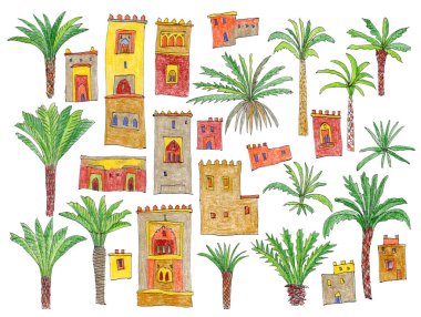 Bir dizi masal kalesi, ortaçağ evleri. El çizimi renkli kalemler, beyaz arka planda izole edilmiş.