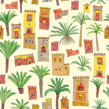 Peri masalı şehir manzarası, palmiye ağaçları ve antik ortaçağ evlerinin kusursuz deseni. El çizimi renkli kalemler çizimi 