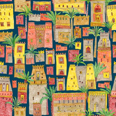 Peri masalı şehir manzarası, palmiye ağaçları ve ortaçağ evlerinin kusursuz deseni. El çizimi renkli kalemler çizimi 