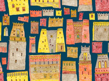 Peri masalı şehir manzarasının kusursuz deseni, ortaçağ evleri ve kaleleri. El çizimi renkli kalemler çizimi 