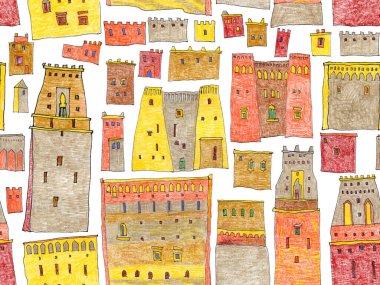 Peri masalı şehir manzarasının kusursuz deseni, ortaçağ evleri ve kaleleri. El çizimi renkli kalemler çizimi 