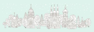 Paskalya gecesinde Hıristiyan manastır ve evlerinin taşıyıcı peri masalı. Turkuaz bir arkaplanda karalama çizimi