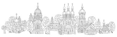 Vector Hristiyan kilisesi ve antik ahşap evler panorama. Boyama kitabı sayfası için Contour doodle skeci