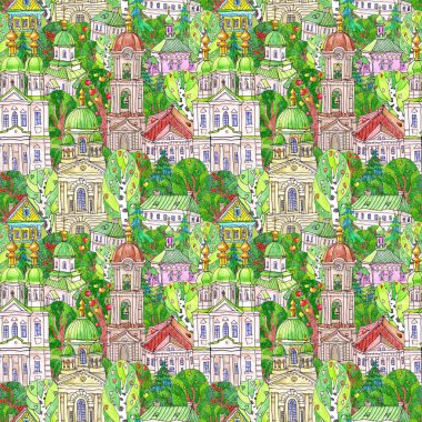 Peri masalı manastırı, kiliseler, evler ve ağaçların kusursuz deseni. El çizimi renkli kalem çizimleri