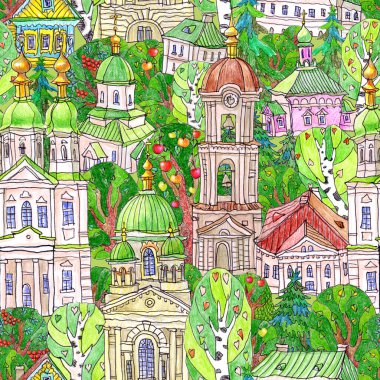 Peri masalı manastırı, kiliseler, evler ve ağaçların kusursuz deseni. El çizimi renkli kalem çizimleri