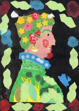 El çizimi guaj resmi, sakallı genç bir adam ortaçağ elbisesi ve çiçekli bir çiçek.