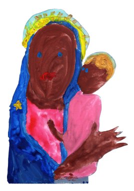 El çizimi Gouache tablosu beyaz arka planda izole edilmiş. Anne kucağında bebekle