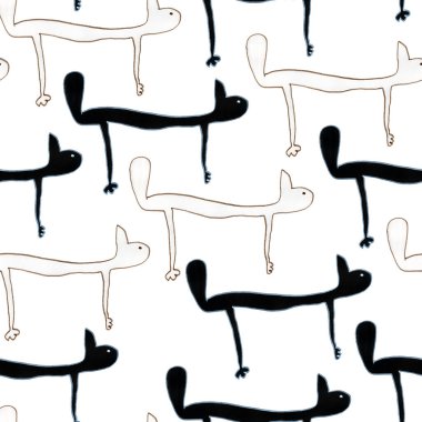 Beyaz arka planda izole edilmiş siyah ve beyaz kediler tarafından çizilmiş kusursuz el deseni.