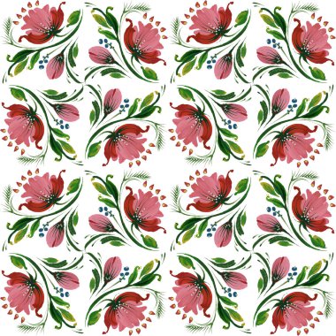 Beyaz arka planda elle boyanmış şakayık çiçeklerinin dikdörtgen desenleri.