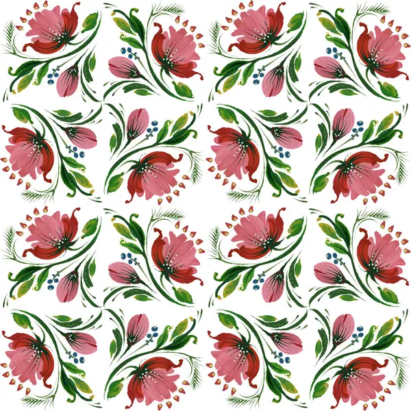 Beyaz arka planda elle boyanmış şakayık çiçeklerinin dikdörtgen desenleri.