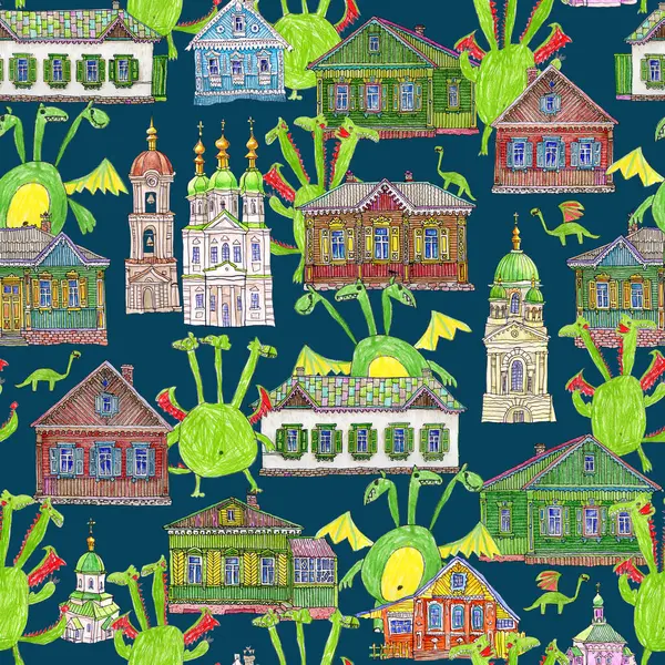 Kiliseleri ve ahşap evleri olan kusursuz peri masalı ejderhaları. Koyu mavi arkaplanda el çizimi kalemler.