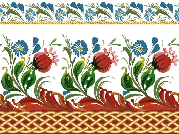 Çiçeksiz vektör sınır deseni. Beyaz arka planda, altın örgülü süslemeli kır çiçekleri.