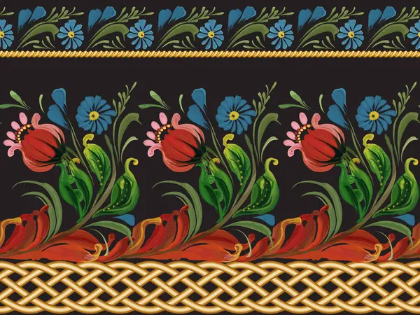 Çiçeksiz vektör sınır deseni. Kırsal çiçekler siyah bir zemin üzerinde altın örgülü süslemeli çelenk