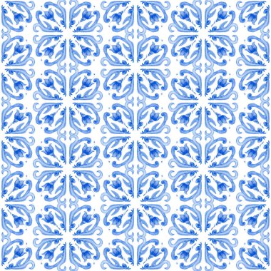 Beyaz bir arka planda kusursuz desen. El çizimi suluboya mavi parşömenler, çiçekler ve kar taneleri. 