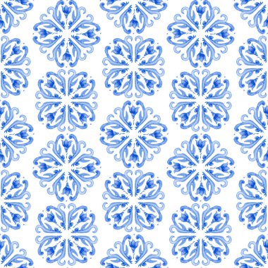 Beyaz bir arka planda kusursuz desen. El çizimi suluboya mavi parşömenler, çiçekler ve kar taneleri. 