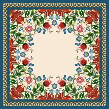 Çiçeklerden gelen eşarp çiçek desenleri, bej ve koyu mavi arka planda altın örgülü kemerler.