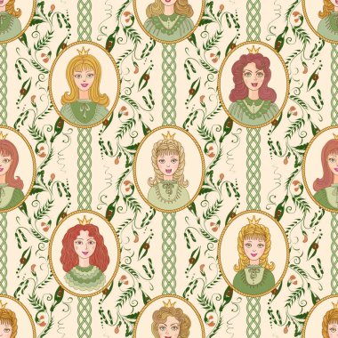 Peri masalı prenses portreleri ve bej bir arka planda yeşil bezelye duvar kağıtları.