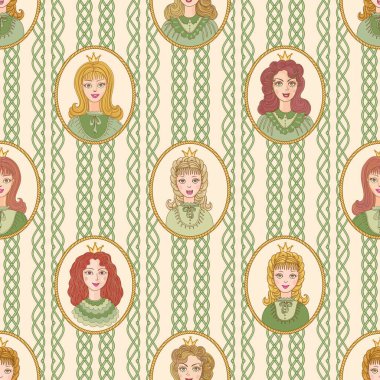 Peri masalı prenses portreleri ve bej bir arka planda yeşil bezelye duvar kağıtları.