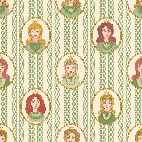 Peri masalı prenses portreleri ve bej bir arka planda yeşil bezelye duvar kağıtları.