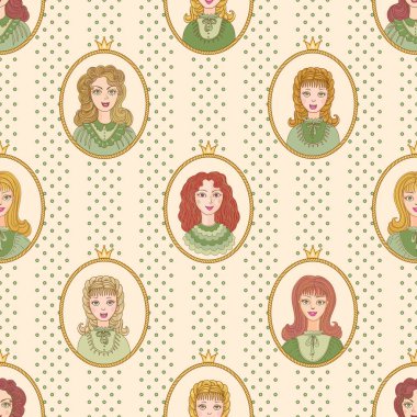 Peri masalı prenses portreleri ve yeşil bezelye benekli bej duvar kağıtlarının kusursuz deseni. 